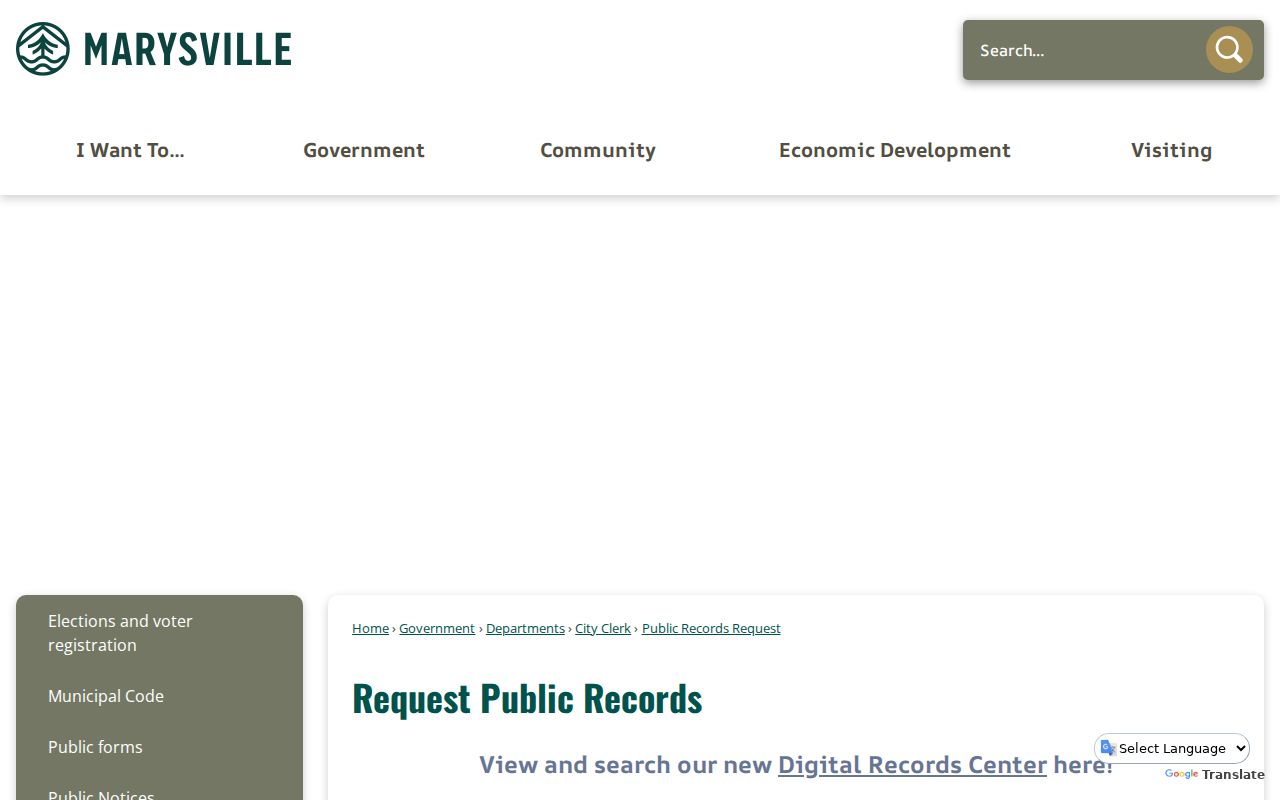 City of Marysville public records request page