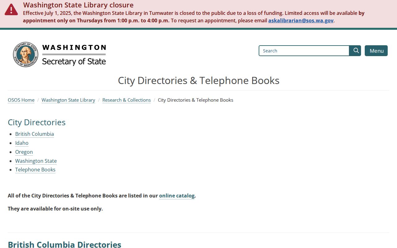 Marysville city directory holdings at the Washington State Library